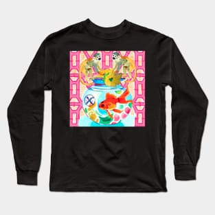 Monkeys and goldfish on pink lattice Long Sleeve T-Shirt